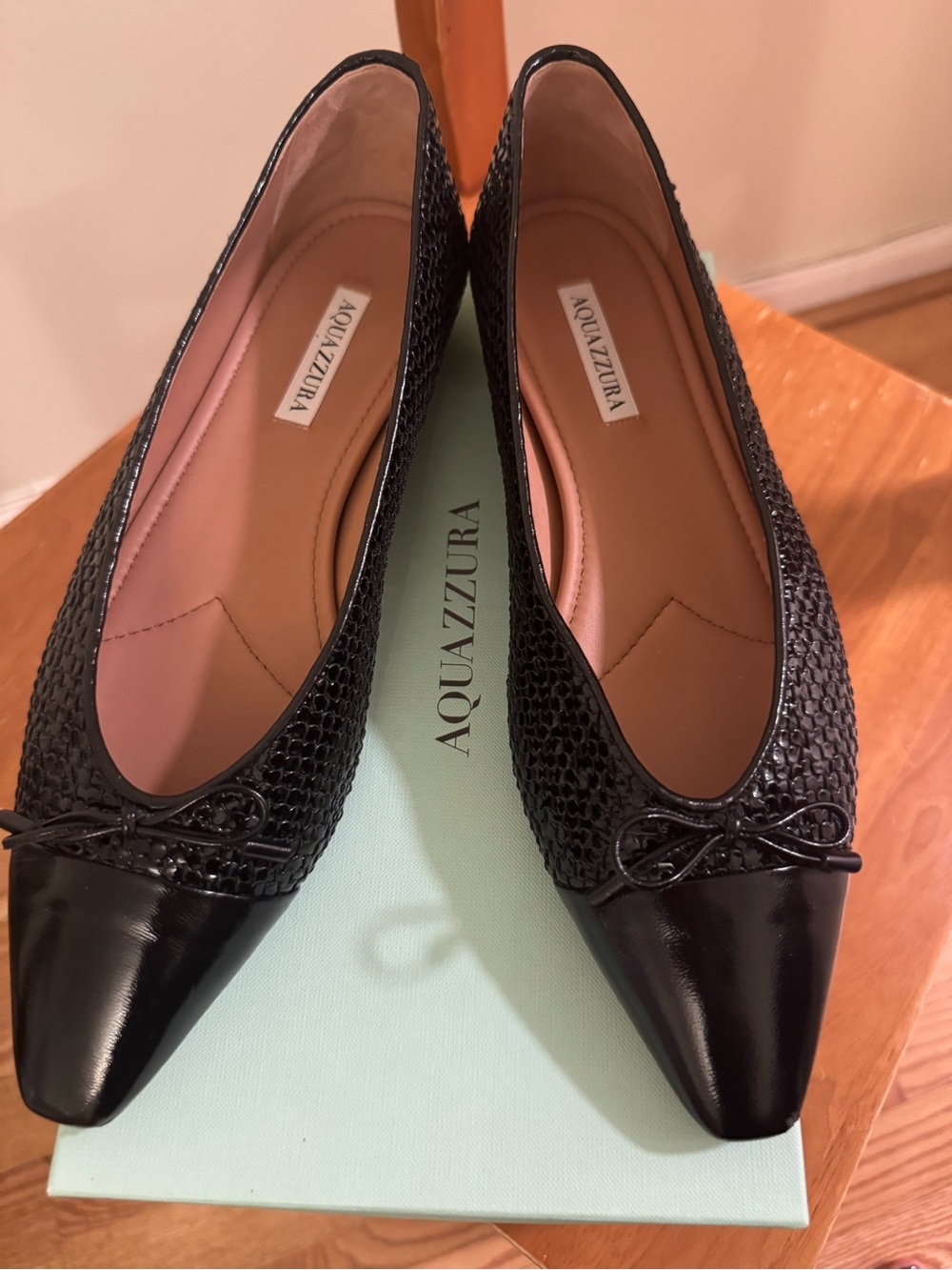 Aquazzura Black Pointed-Toe Textured Ballet Flats
